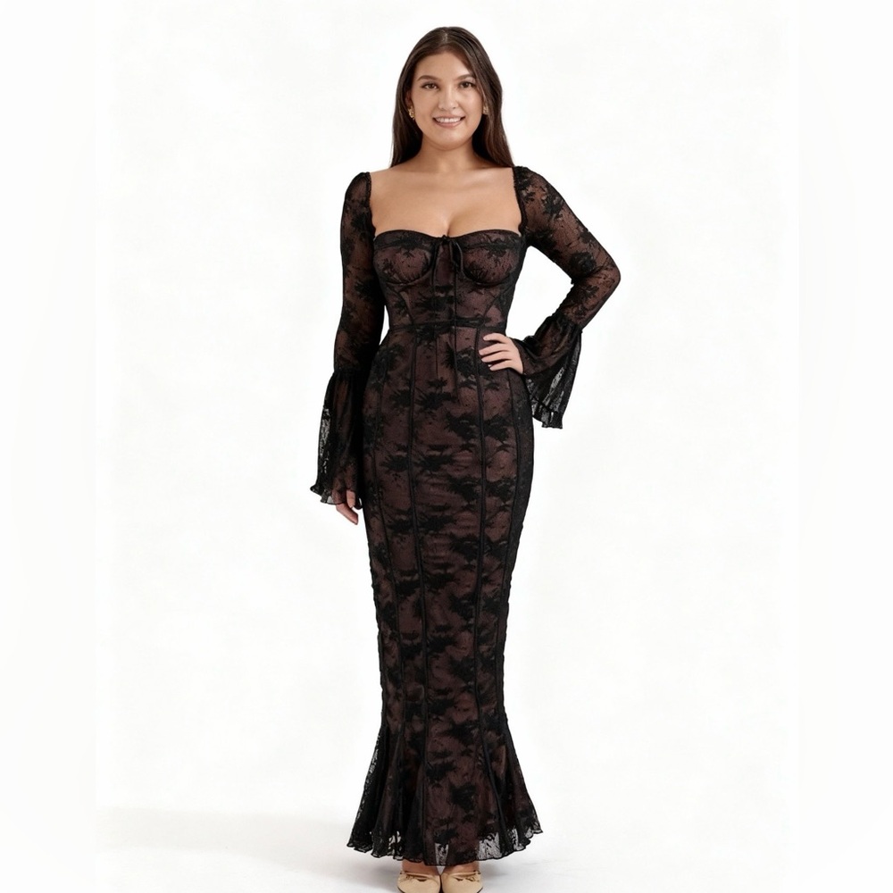 HOUSE OF CB 'Delilah' Black Long Sleeve Lace Maxi Dress /Size XS